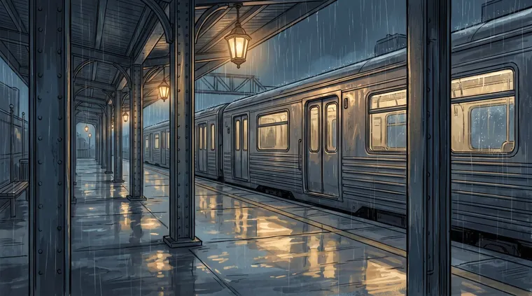 Estación de tren bajo la lluvia, tratamiento cómic rotoscopiado — línea temporal del pasado