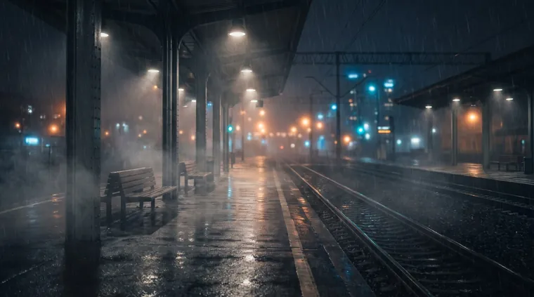 Estación de tren bajo la lluvia, tratamiento fotorrealista — línea temporal del presente