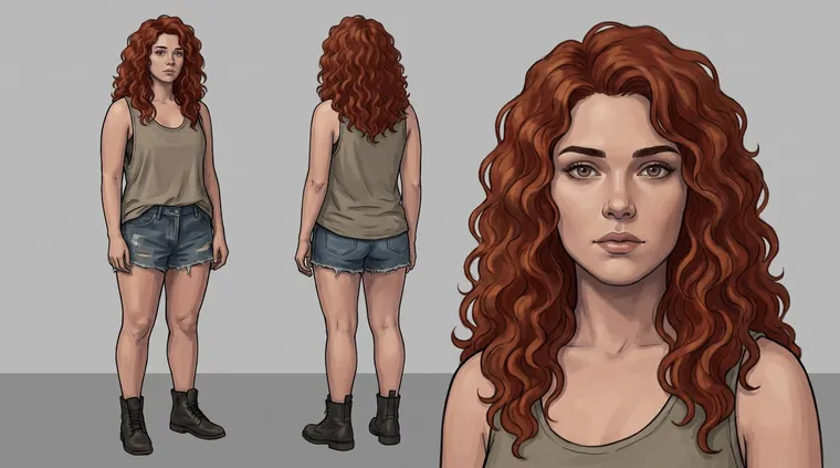 Hoja de diseño de la protagonista femenina, estilo cómic rotoscopiado